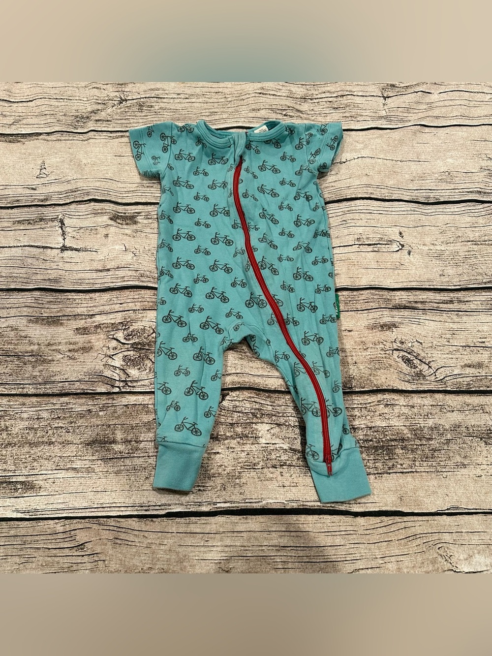 Parade Organics Light Blue Bicycle Print Short Sleeved Zip Footie Size 3-6